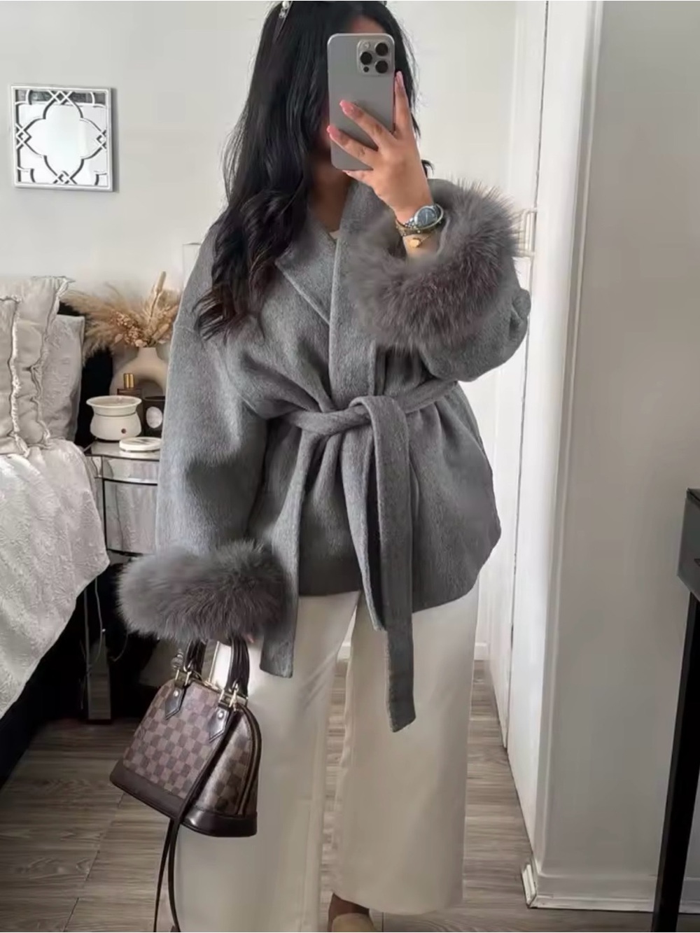 Gray real -Fur Trim Wrap Coat with Belt
